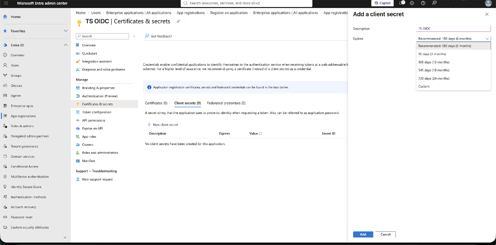 Add a client secret — set a description and expiry