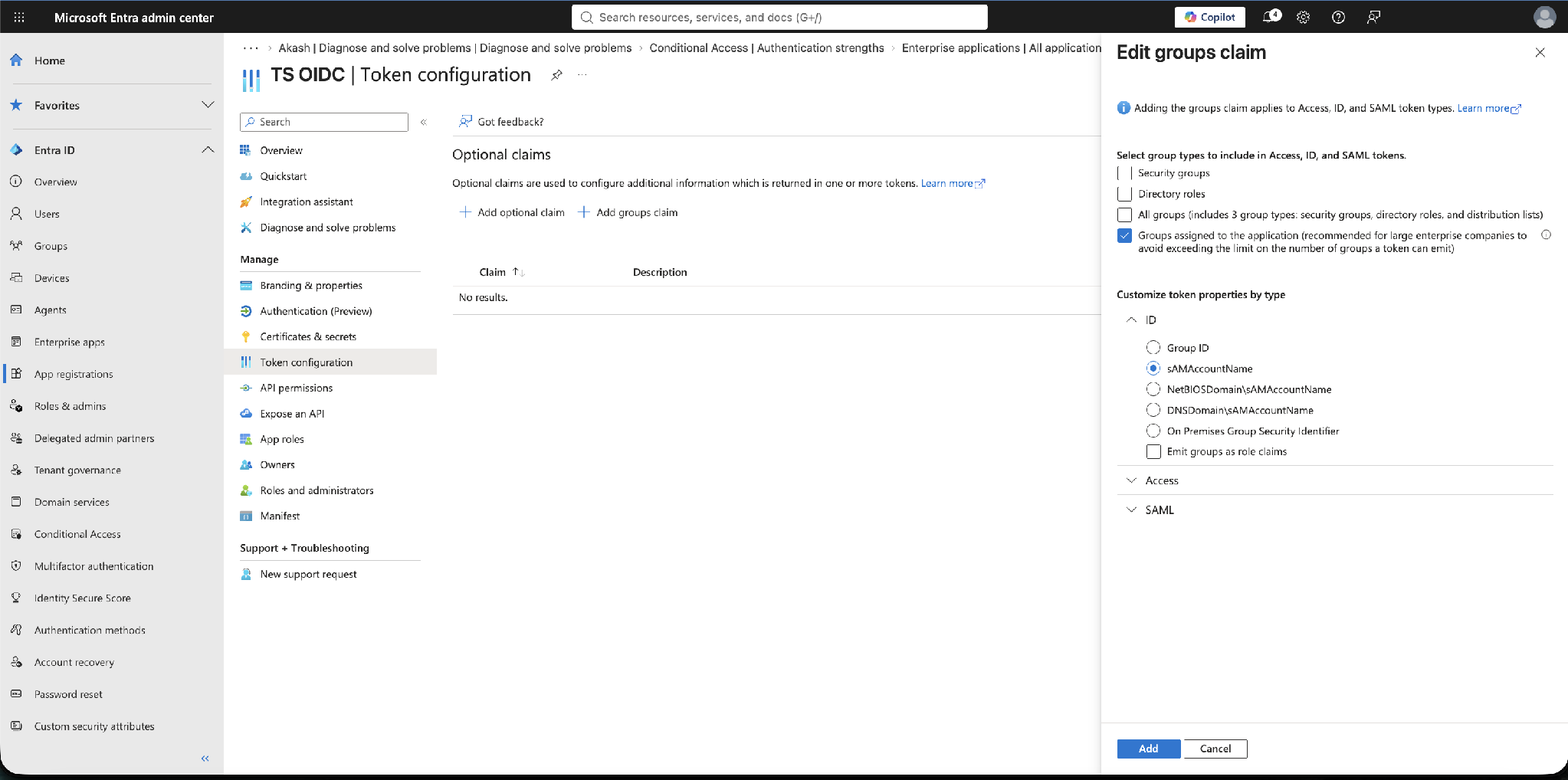 “Groups assigned to the application” selected, with the ID-token group format set (e.g. sAMAccountName)