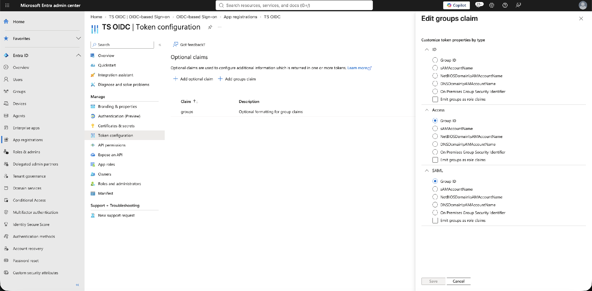Token configuration now lists the groups claim