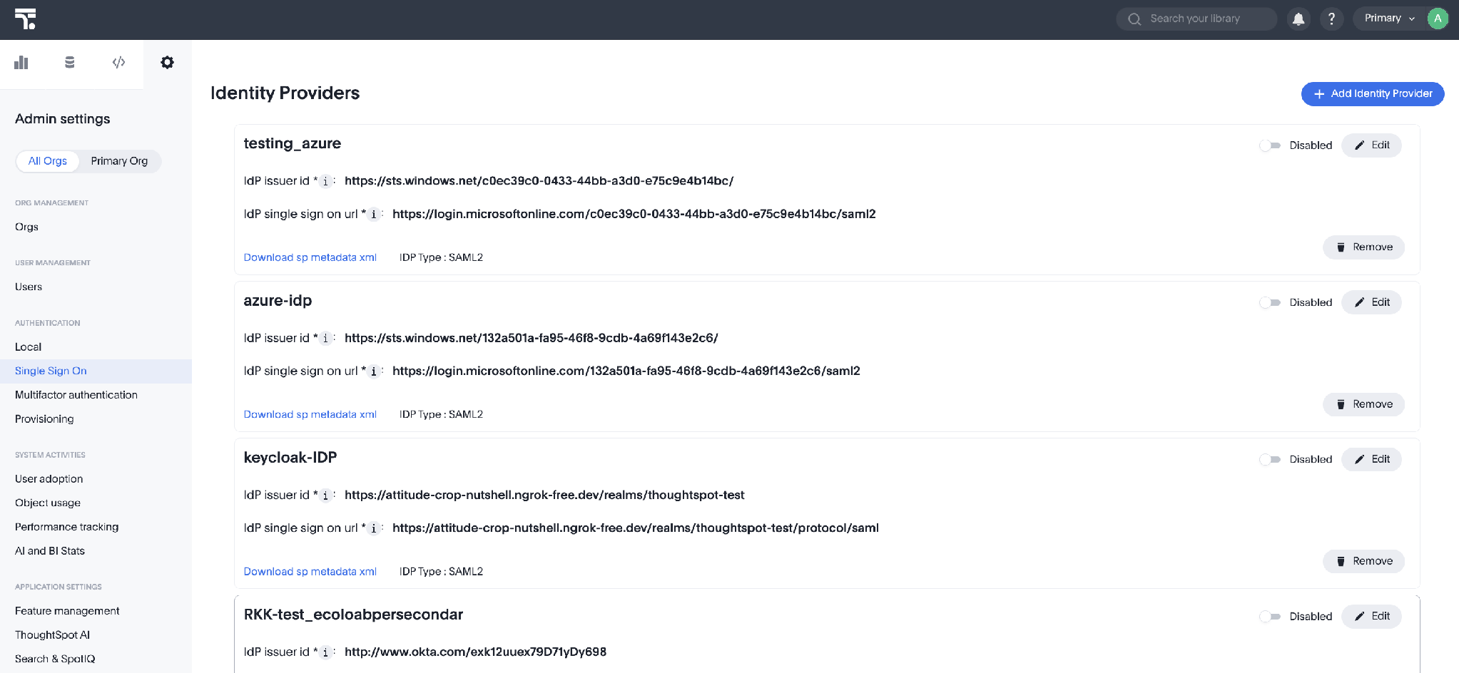 ThoughtSpot Admin > Single Sign On > Add Identity Provider