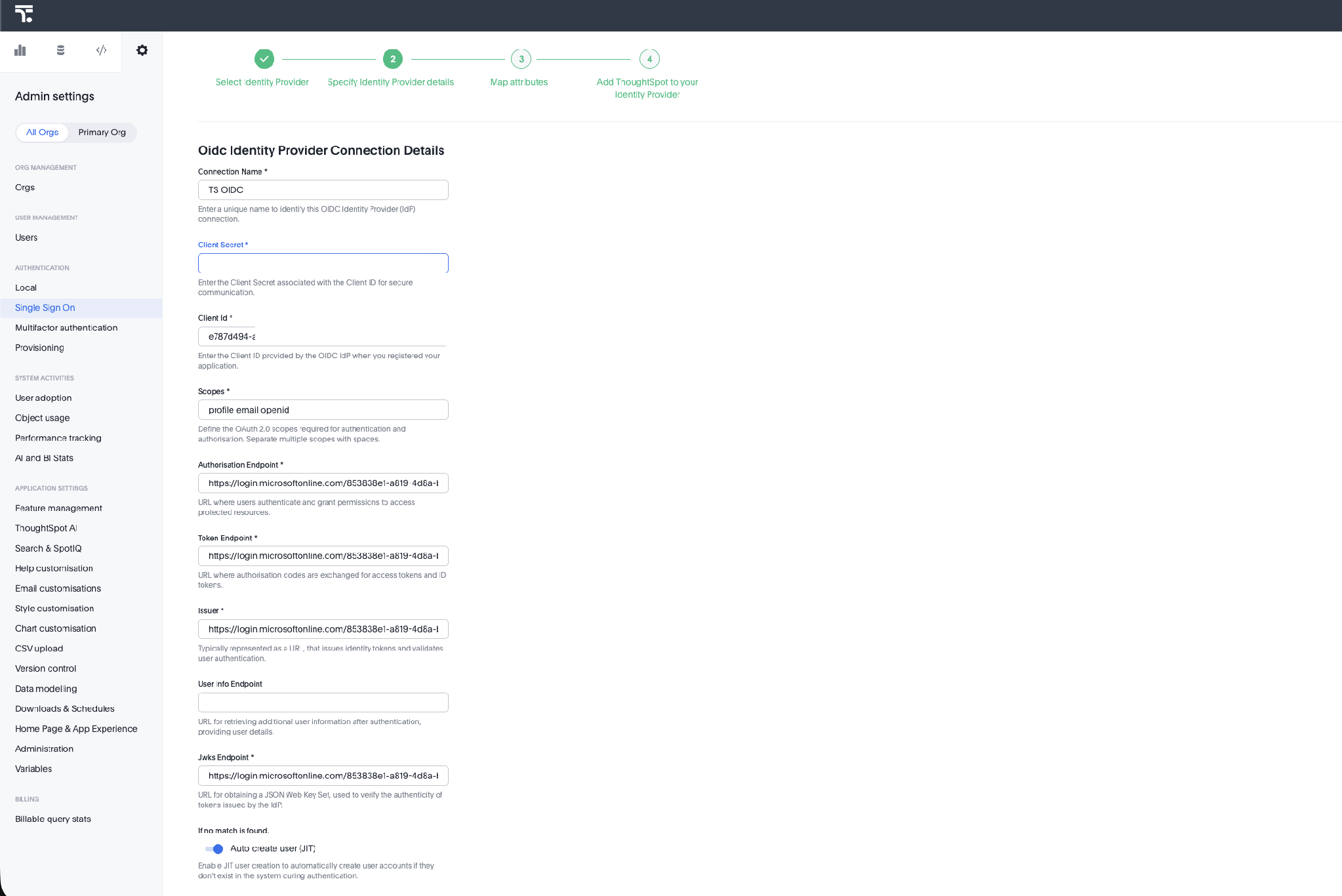 The connection details form completed with values from Entra