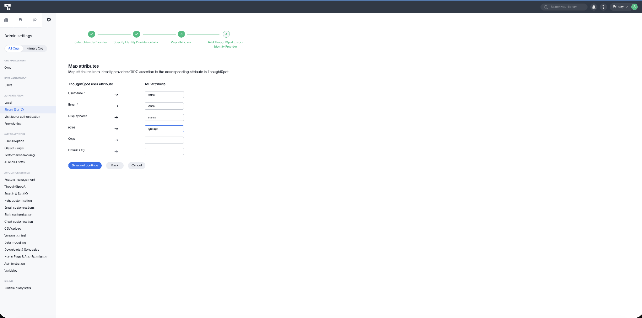 Map ThoughtSpot user attributes to IdP claims, including roles → groups