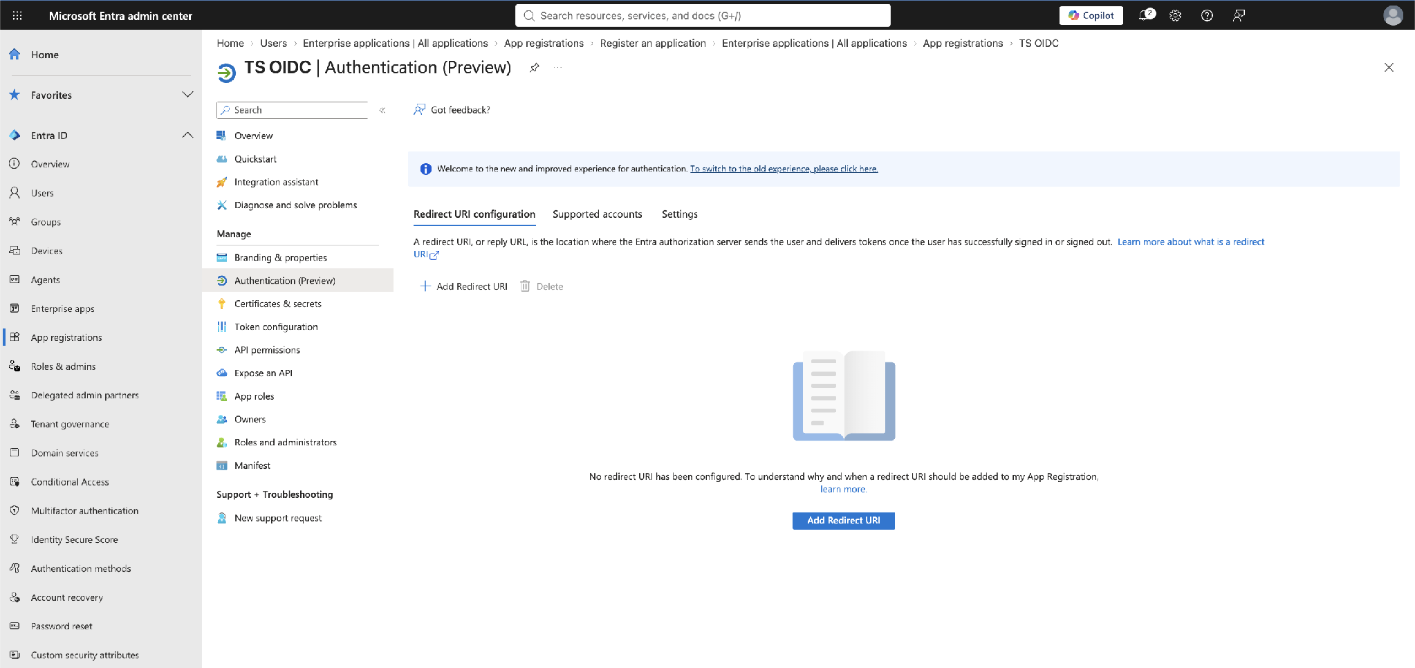 Authentication > Add Redirect URI (Web) — paste the ThoughtSpot callback URL here