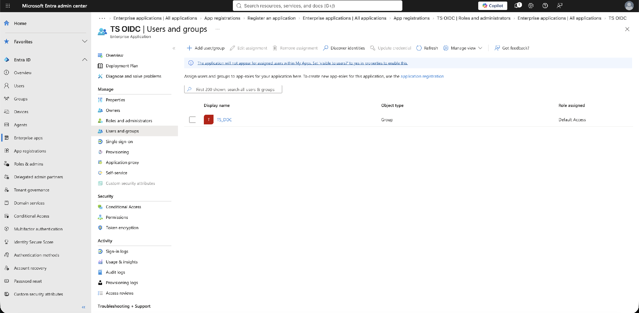 The application’s Users and groups list after assignment