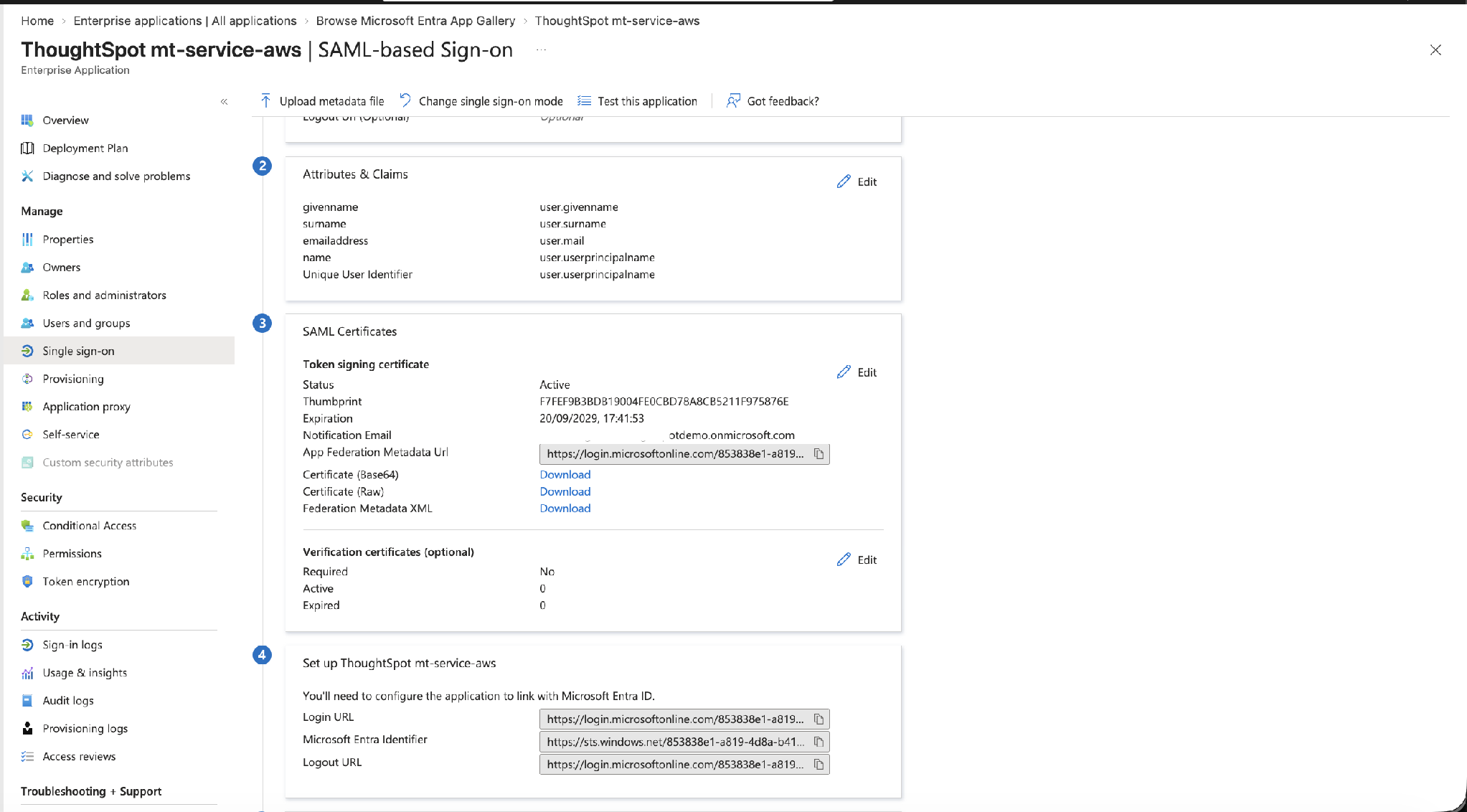 SAML Certificates (download Base64) and the Login URL / Microsoft Entra Identifier