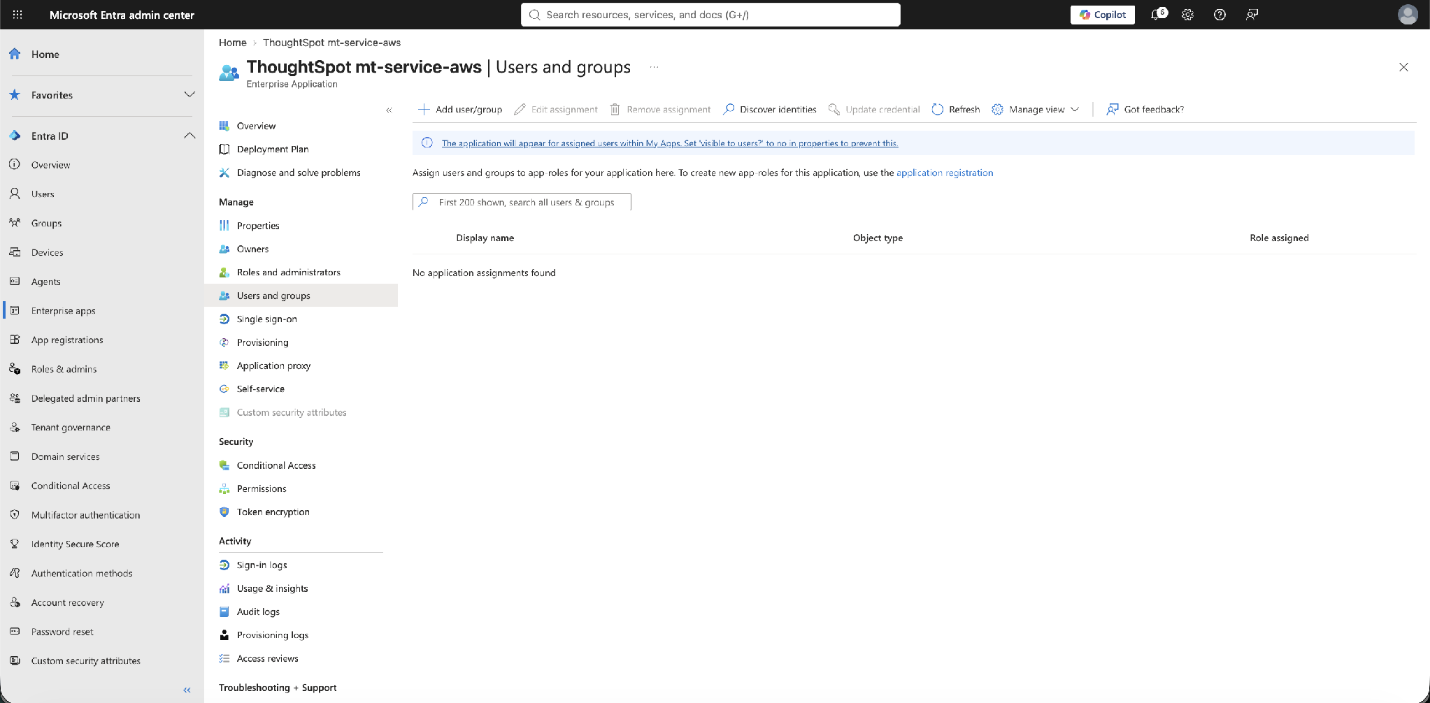 Users and groups – no assignments yet; select Add user/group