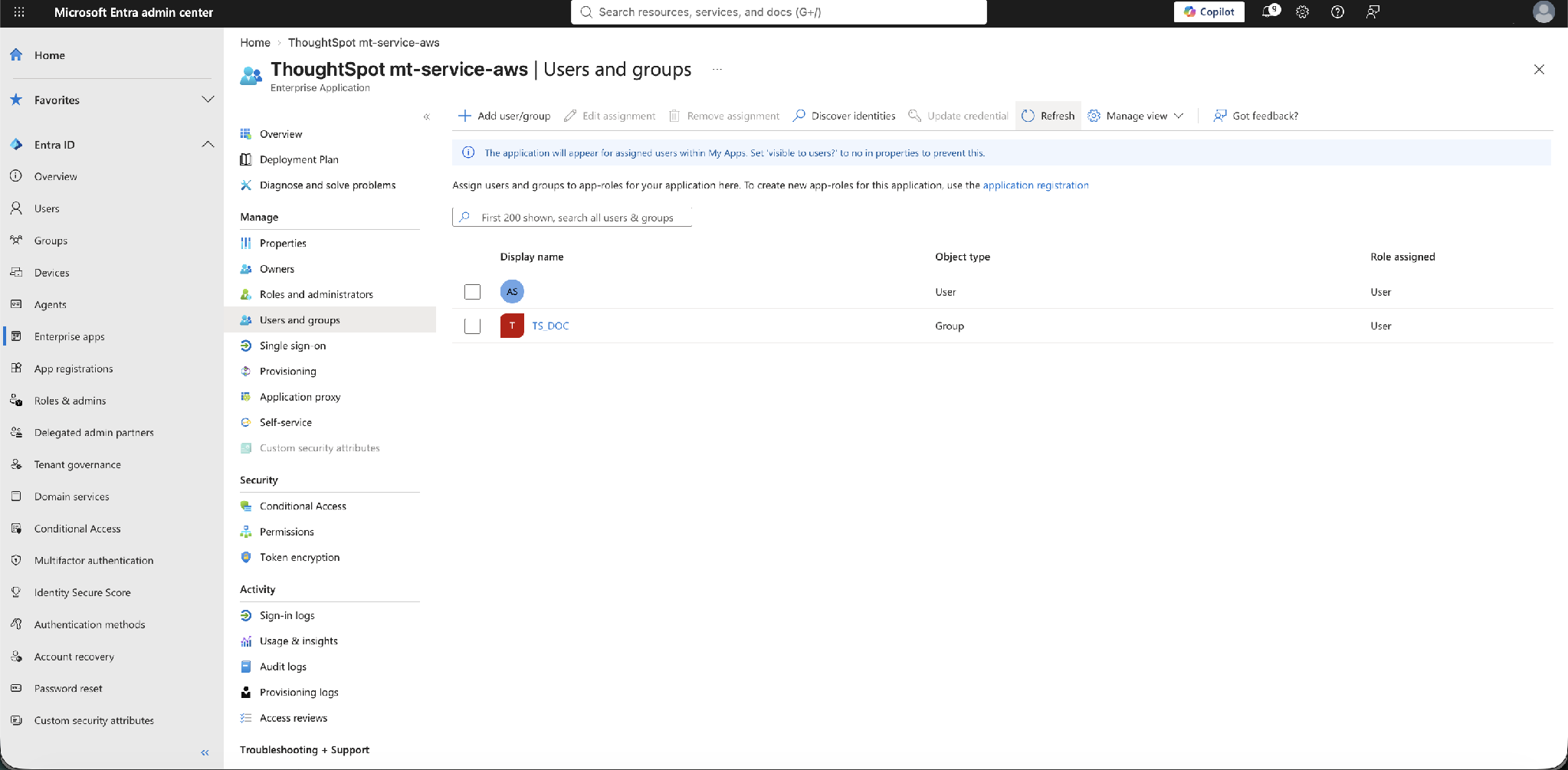 Users and groups – a user and a security group assigned