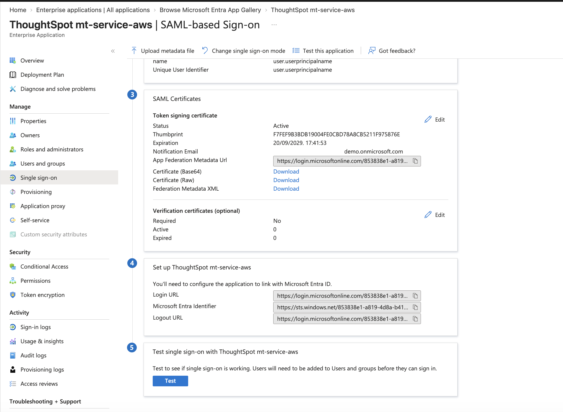 Set up Single Sign-On with SAML – the Test single sign-on section