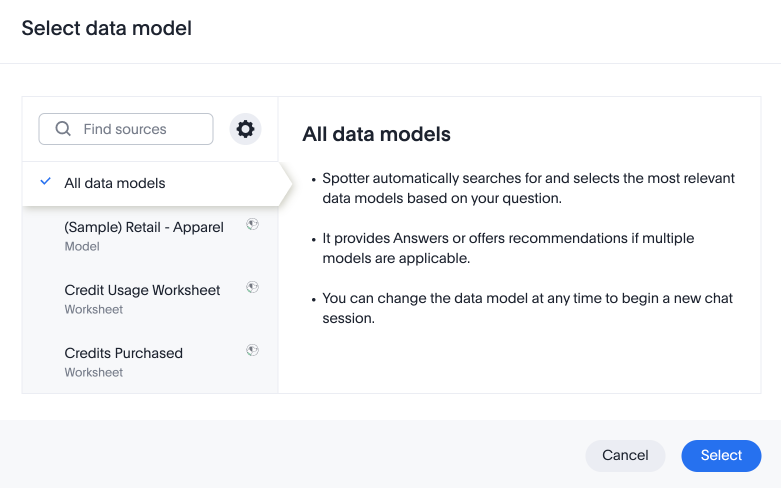 Select All data models in select data model modal