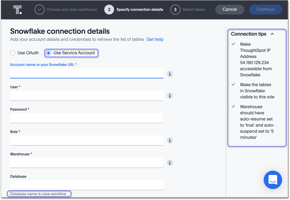 Connection creation checklist for Snowflake