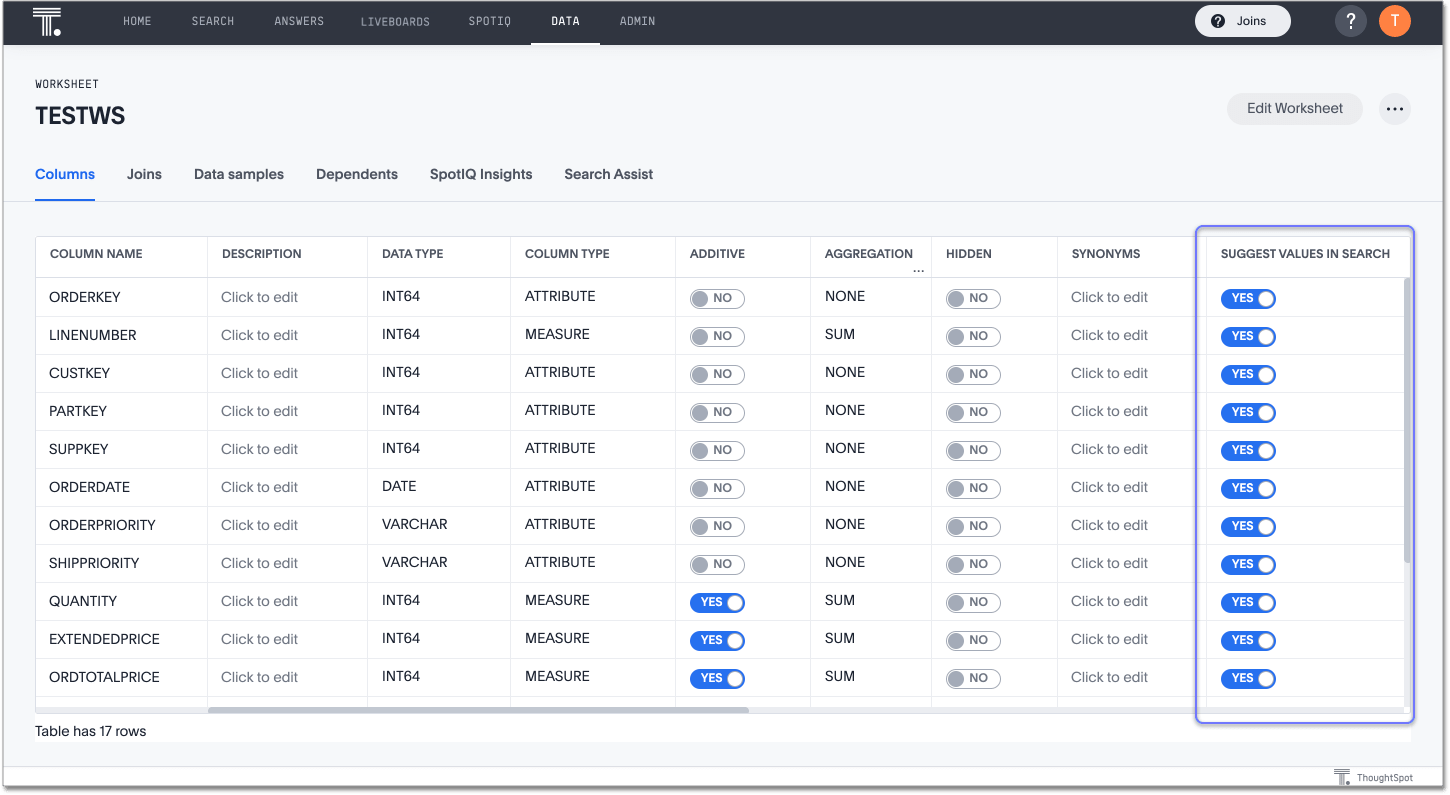 Worksheet search indexing