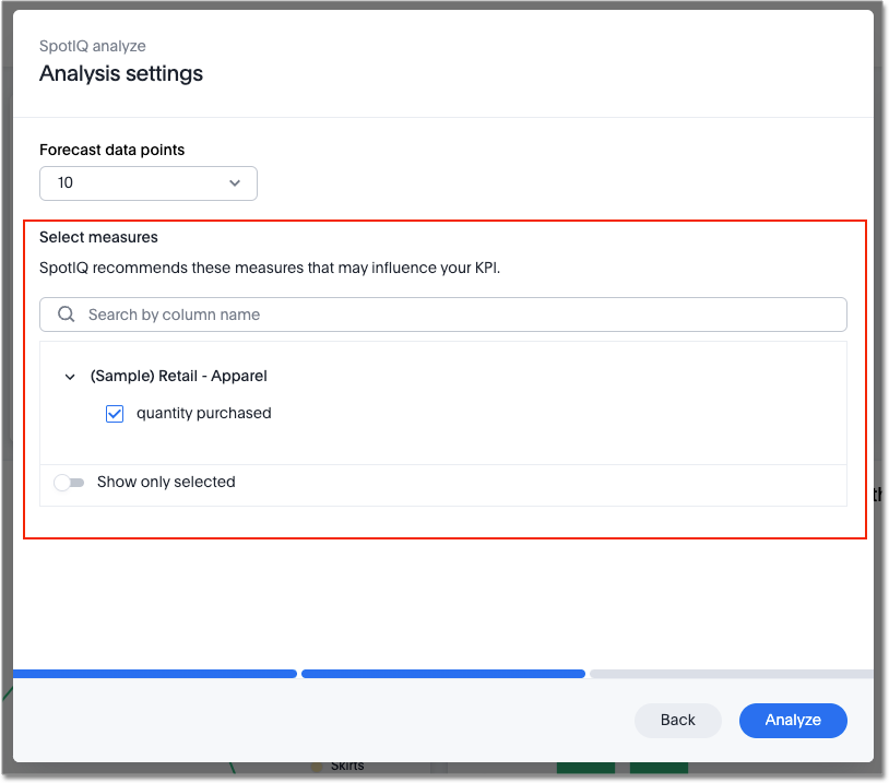 Select measures in analysis settings