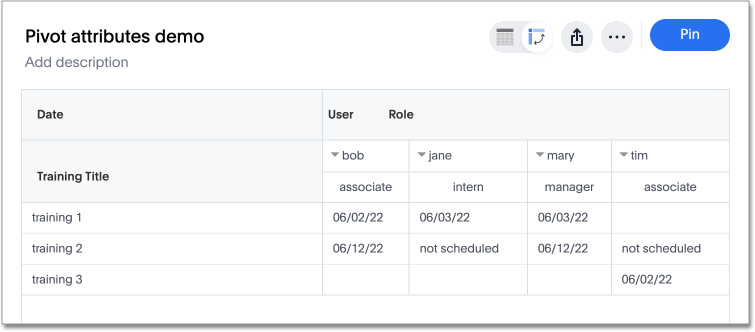 Example of pivot table with attribute in cells