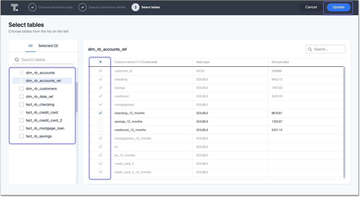 Select tables and columns