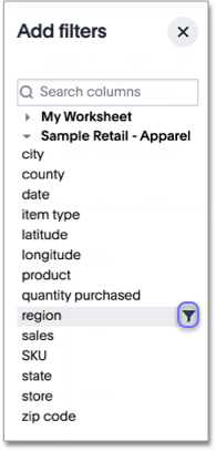 Select the filter icon that appears when you hover over a column name in the add filters panel