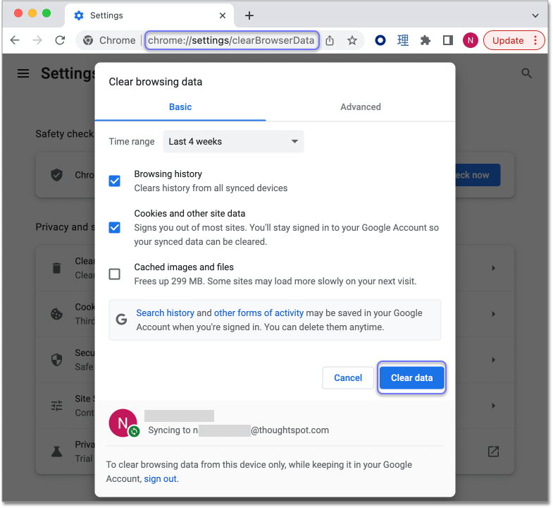 Select Clear data to clear your Chrome browser cache