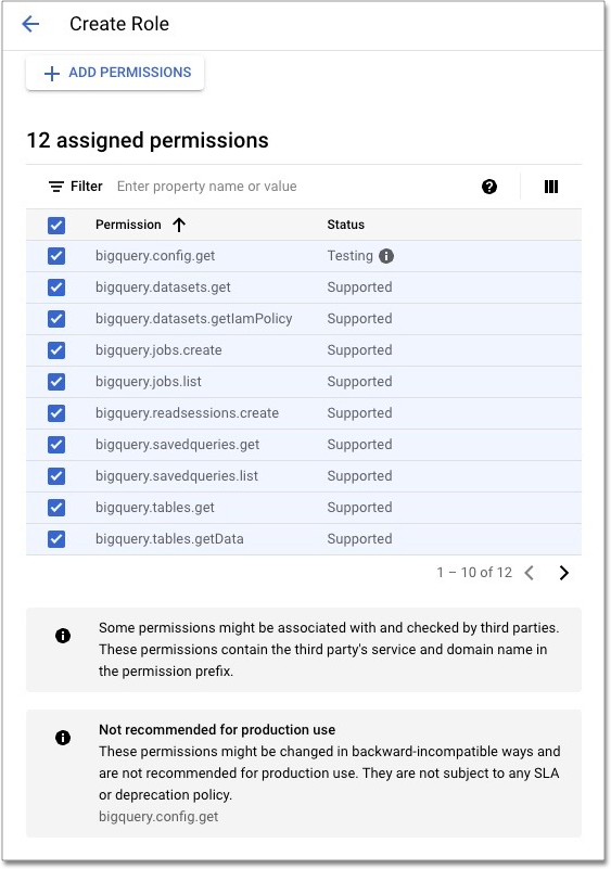 Select only the permissions specified