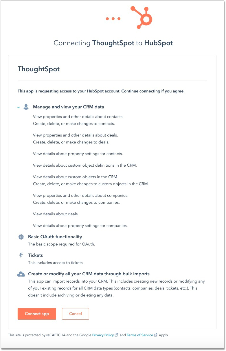 List of HubSpot permissions for ThoughtSpot