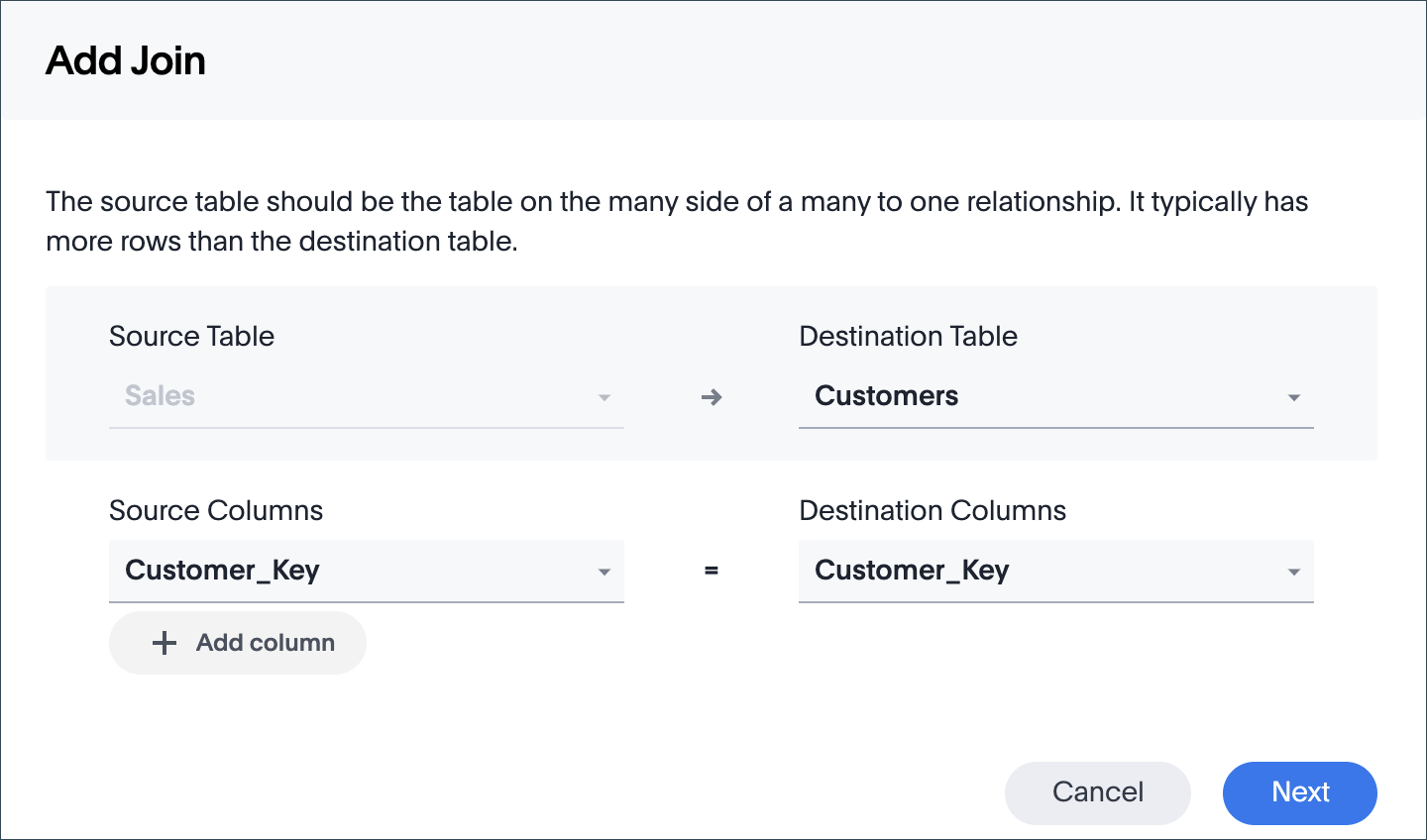 Specify source and destination tables and columns