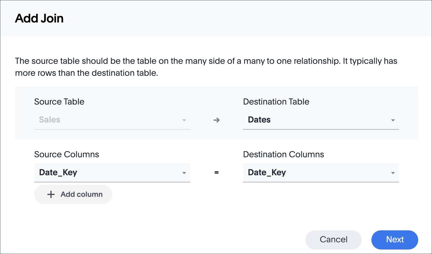 Specify source and destination tables and columns