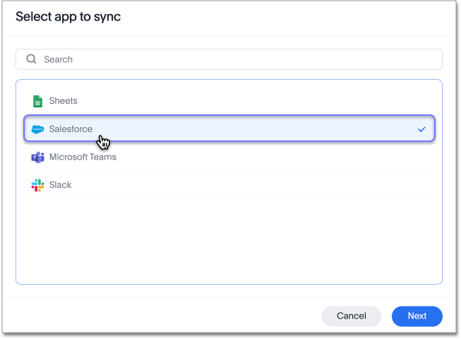 Select app to sync pop-up
