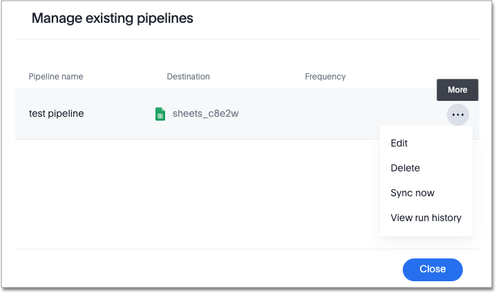 More options menu for a pipeline