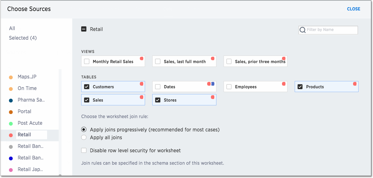 Choose sources for a Worksheet and choose the Worksheet join rule and RLS settings.