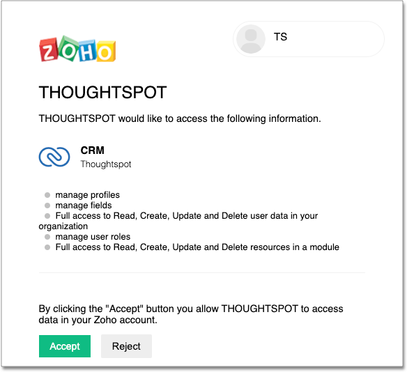 Permissions for ThoughtSpot in Zoho