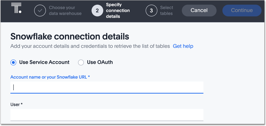 Enter your account name or Snowflake URL