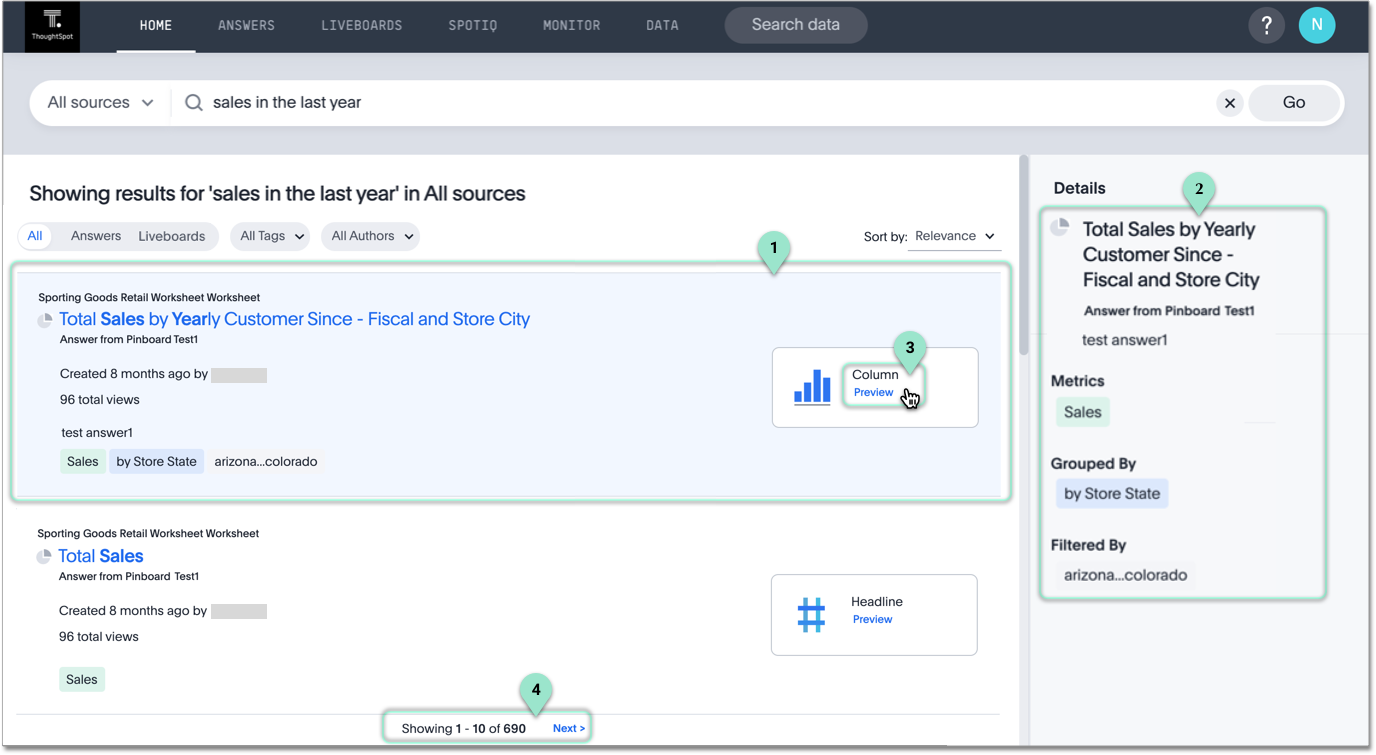 Search answers result. There is a 1 next to the entire first result. There is a 2 next to the details panel. There is a 3 next to the result preview. There is a 4 next to  "Showing 1-20 of 690."