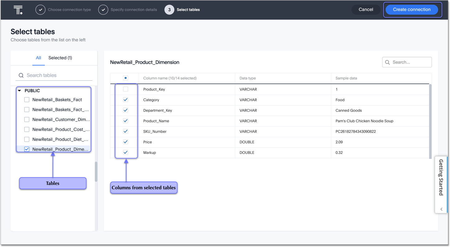 Select tables and columns