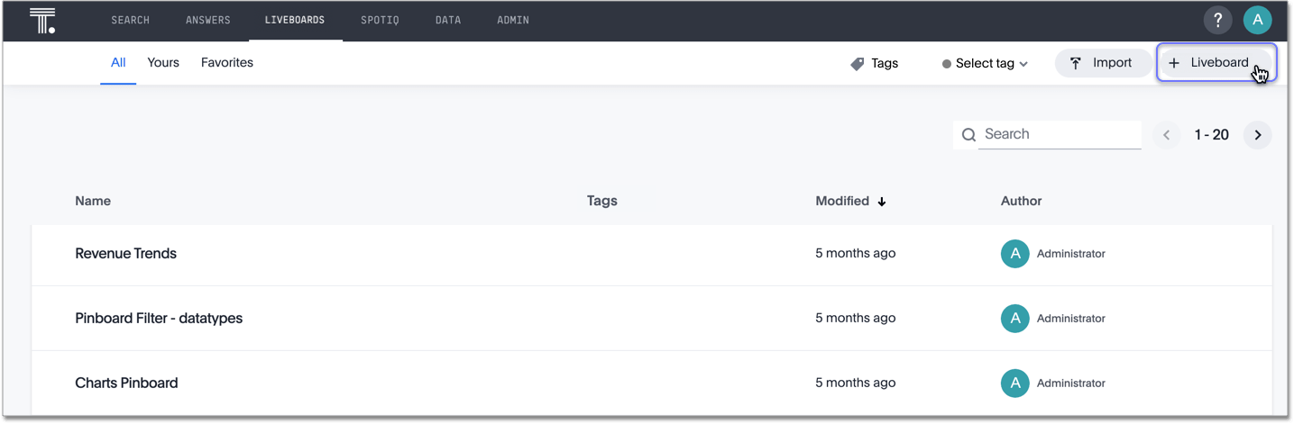 Click + Liveboard in the upper right corner of the Liveboards page