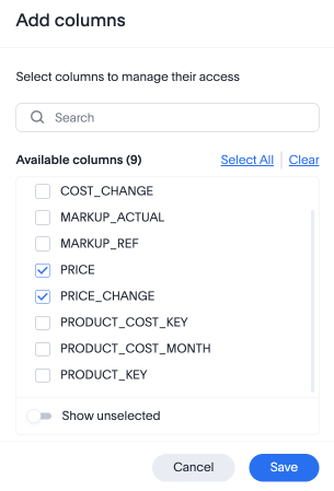 Add Columns popup with Price and Price_Change selected.