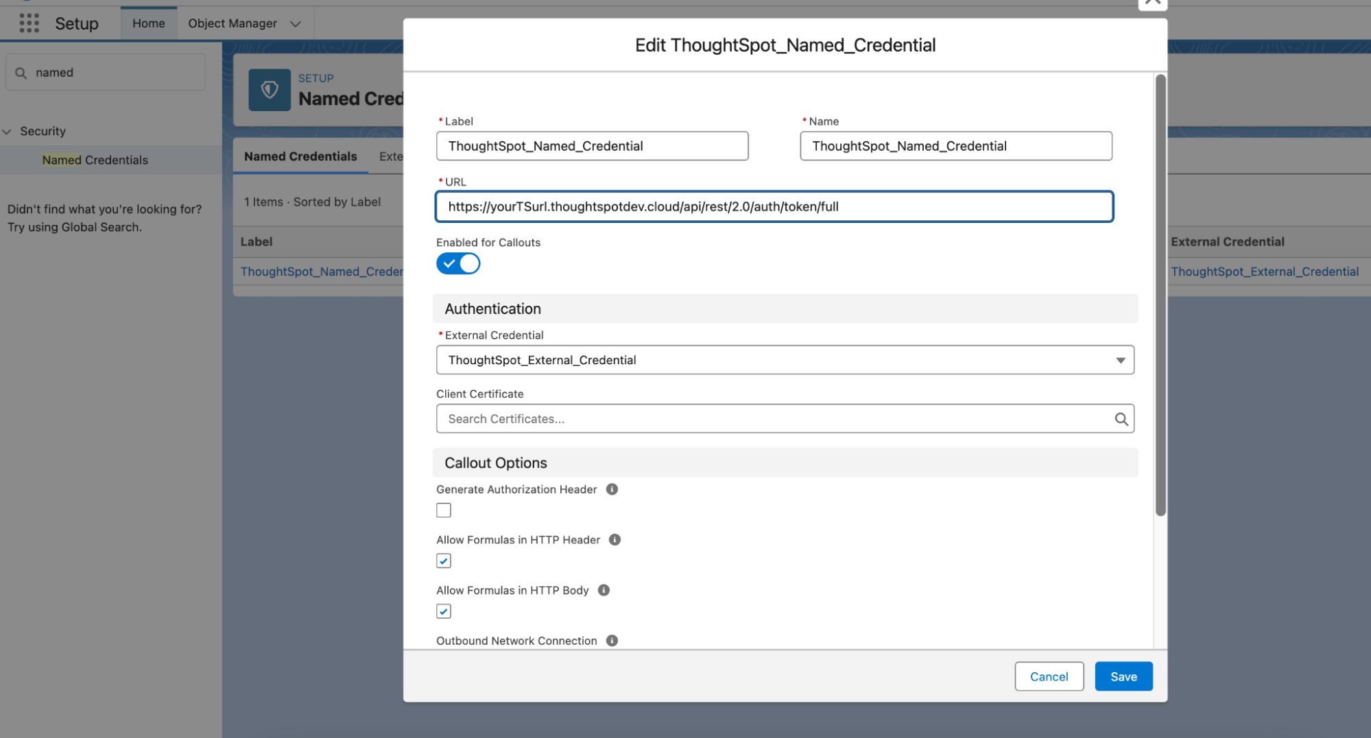 Edit ThoughtSpot_Named_Credential popup with URL as yourTSurl.thoughtspotdev.cloud/api/rest/2.0/auth/token/full