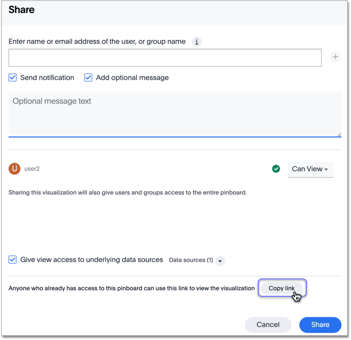 Share an object and send the link to users you shared with