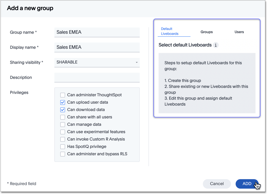 Add a new group > Default Liveboards