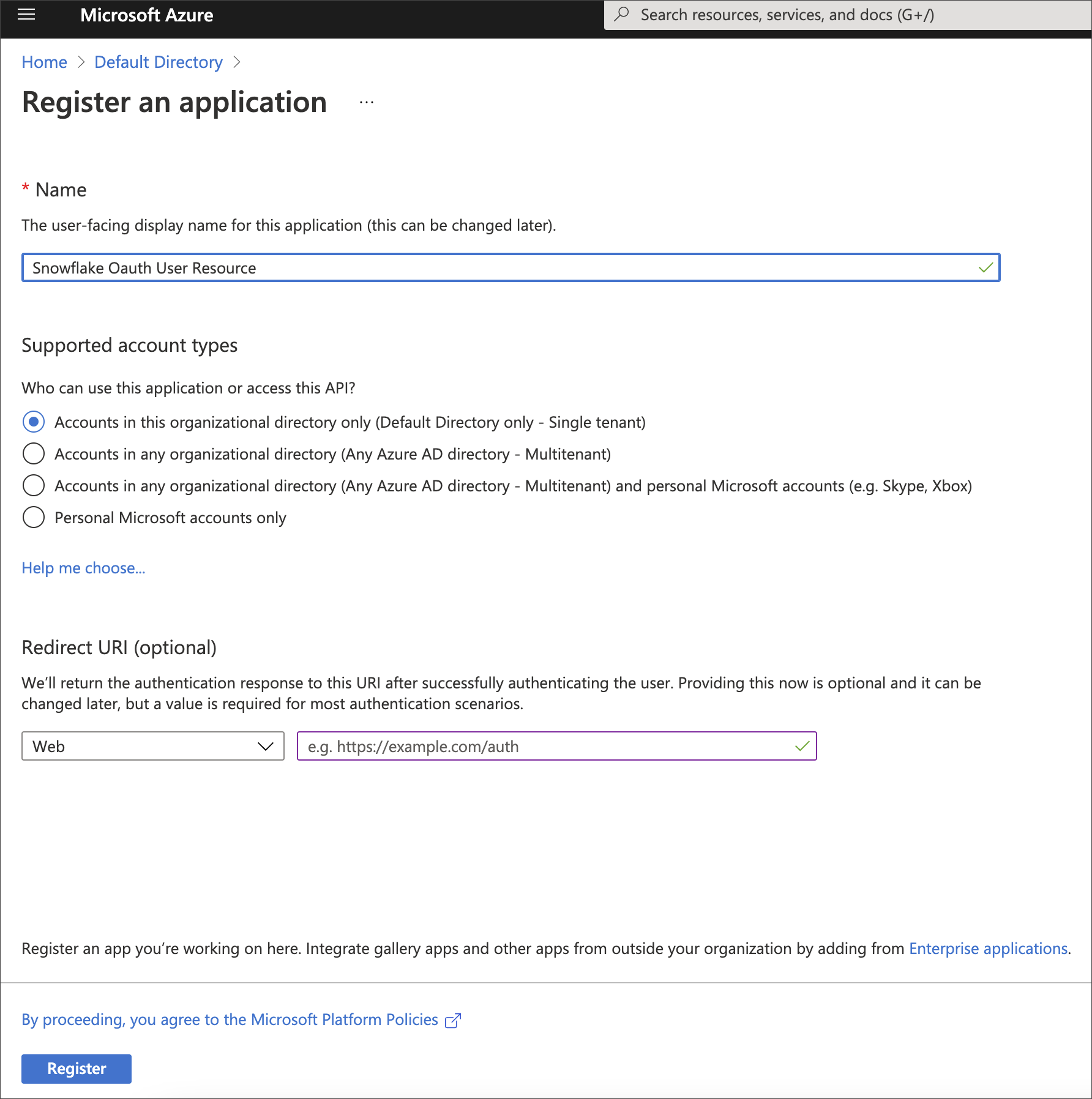 Register an application page