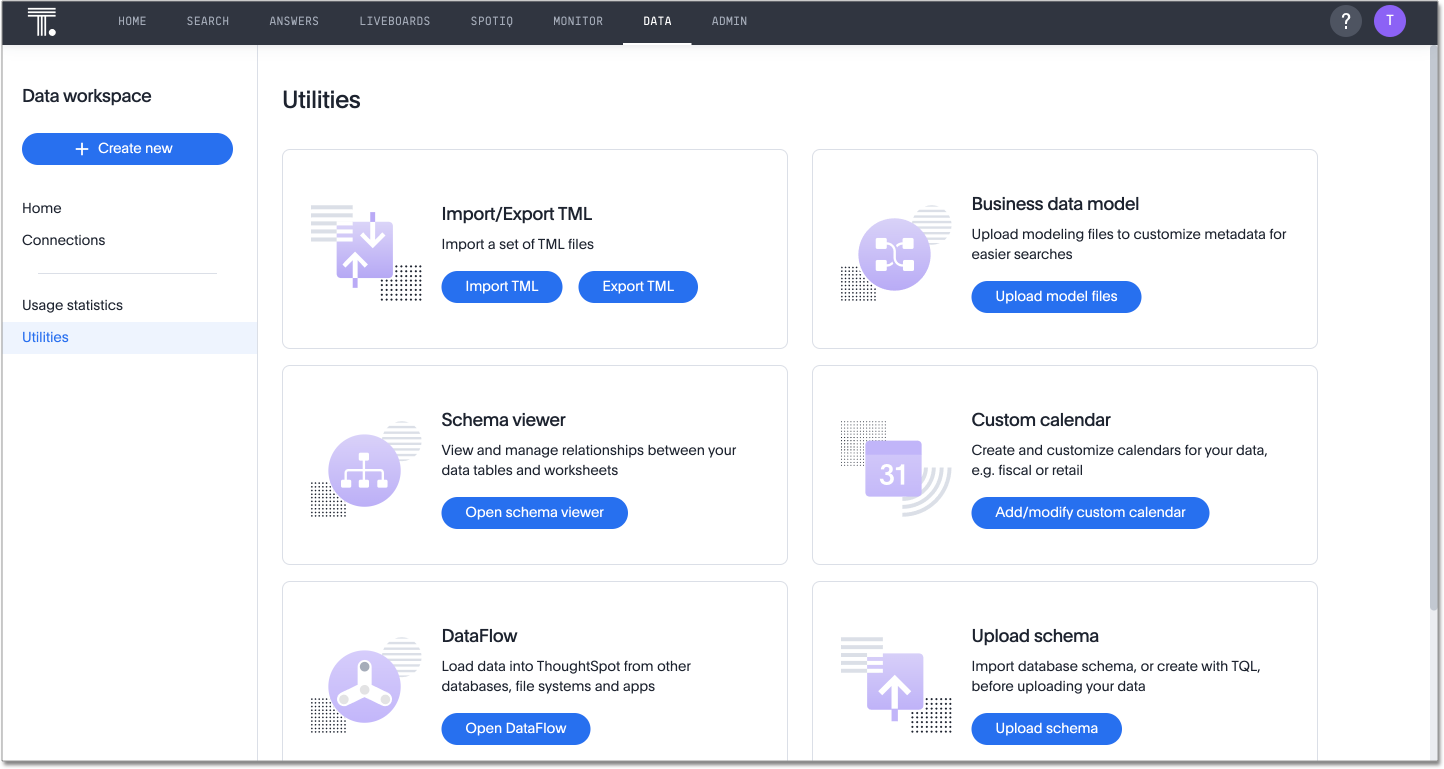 Data workspace utilities page