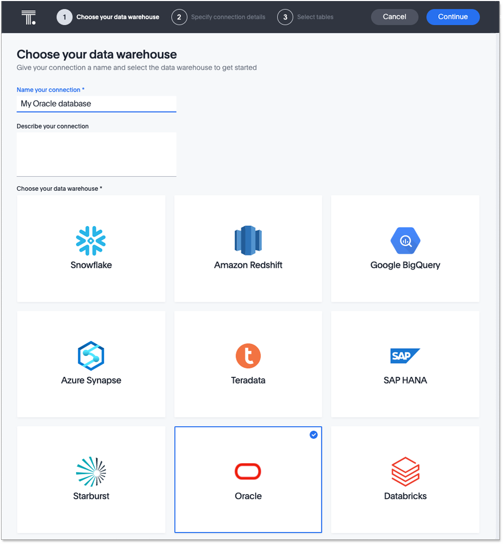 Choose your data warehouse page