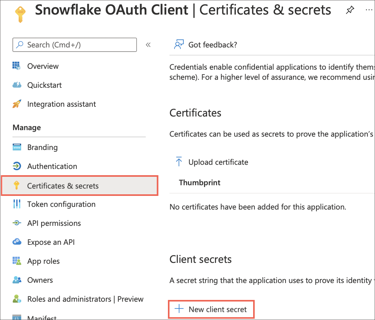 Select Certificates & secrets > New client secret