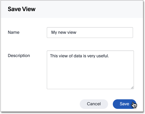 Save view dialog. Add a name and optional description