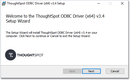 Welcome pop-up for ThoughtSpot ODBC Driver