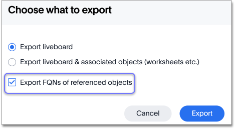 Choose what to export modal with the export fqn option highlighted