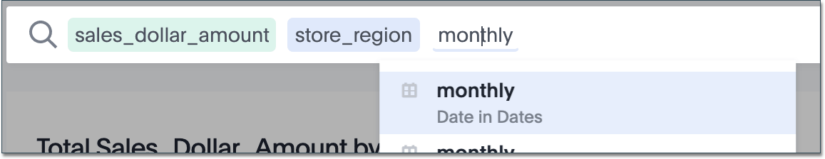 Search bar with the query sales_dollar_amount store_region monthly