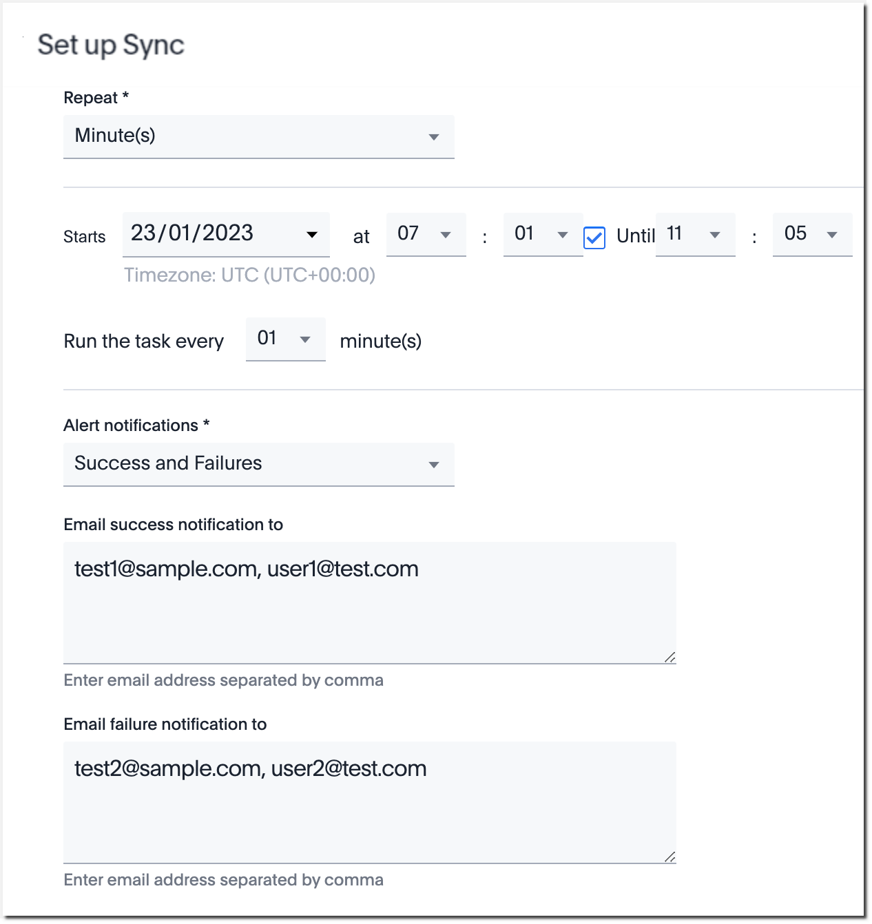 Email recipients for successes and failure for a sync every 1 minute