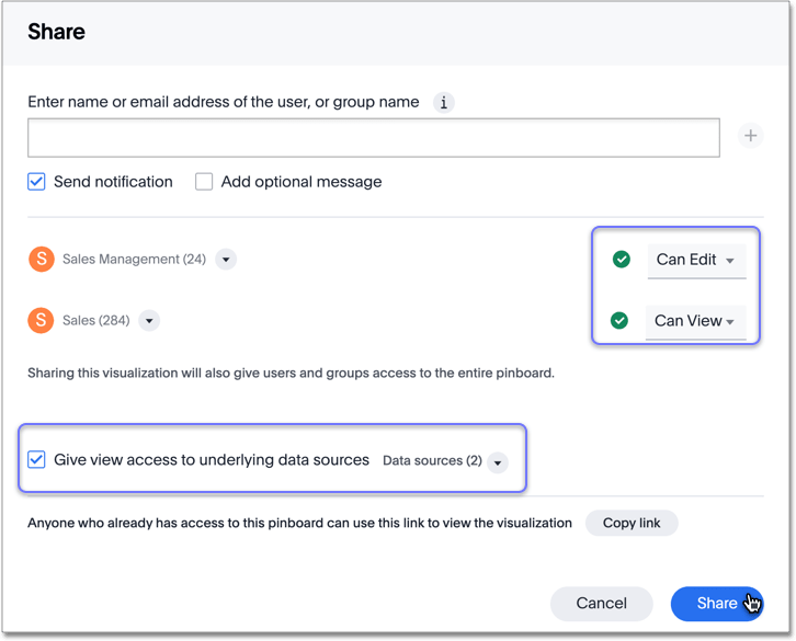 Available actions for the two user groups