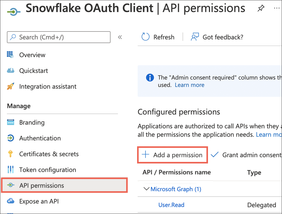 Select API permissions > Add a permission