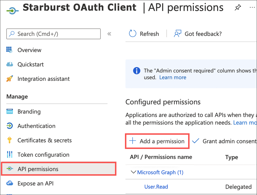 Select API permissions > Add a permission