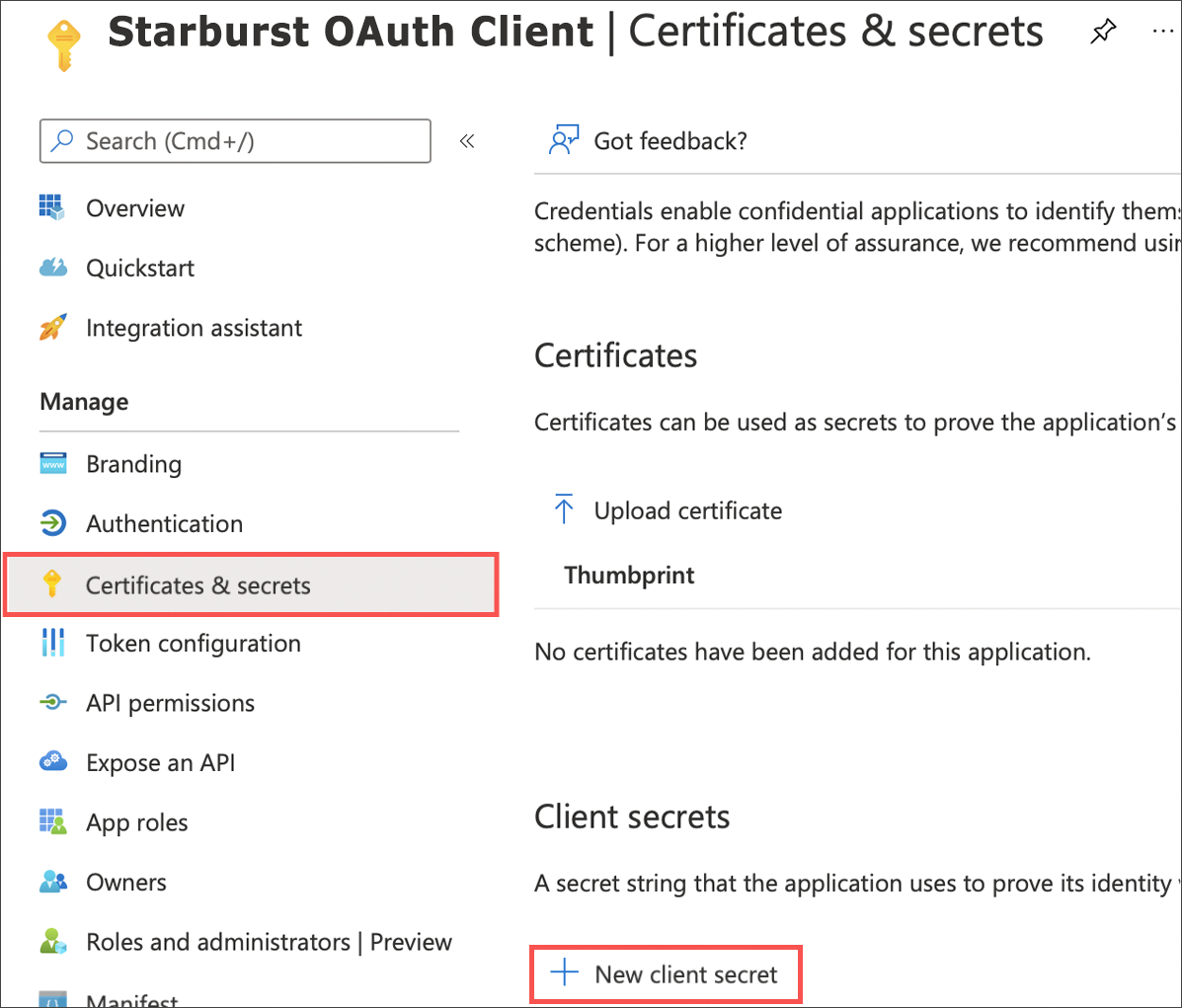 Select Certificates & secrets > New client secret