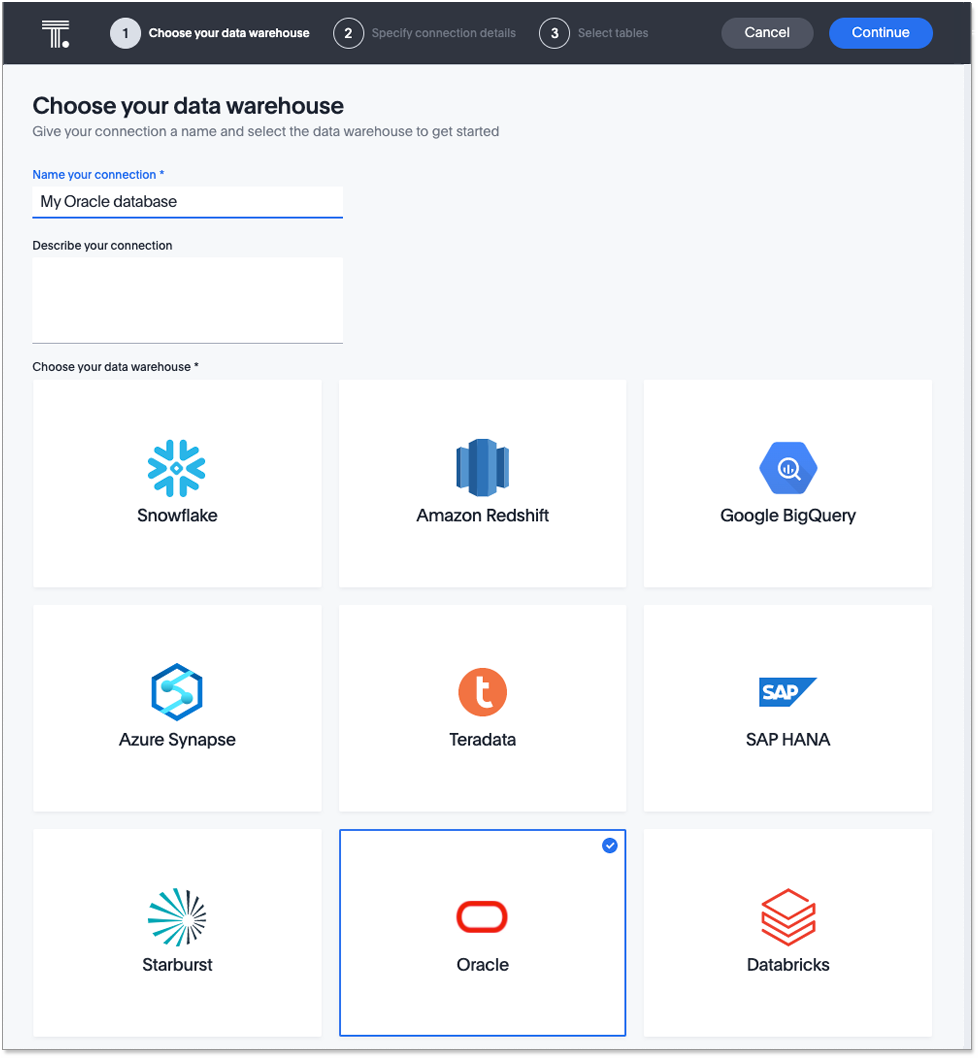 Select the Oracle connection type